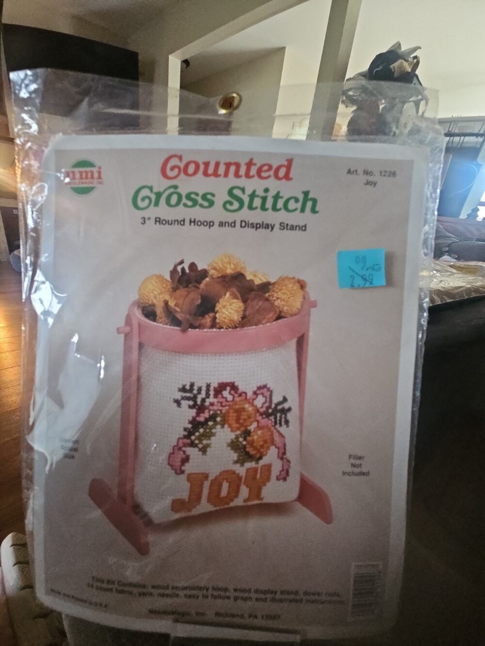 VTG NMI Counted Cross Stitch Joy Basket Kit Hoop Wood Display Stand Needle